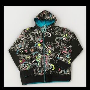 Artful Dodger RARE Embroidered Hoodie All Over Print Zip Up XL made in MACAU